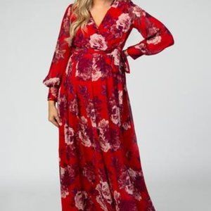 Red Rose Floral Chiffon Maternity Maxi Dress